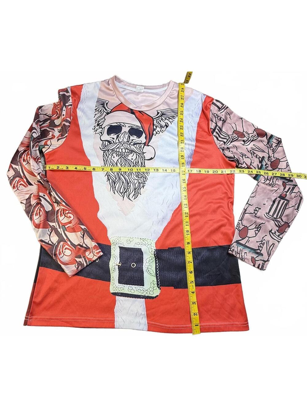 CHRISTMAS TOP Long Sleeve Skull Santa Claus Print Shirt Size Large